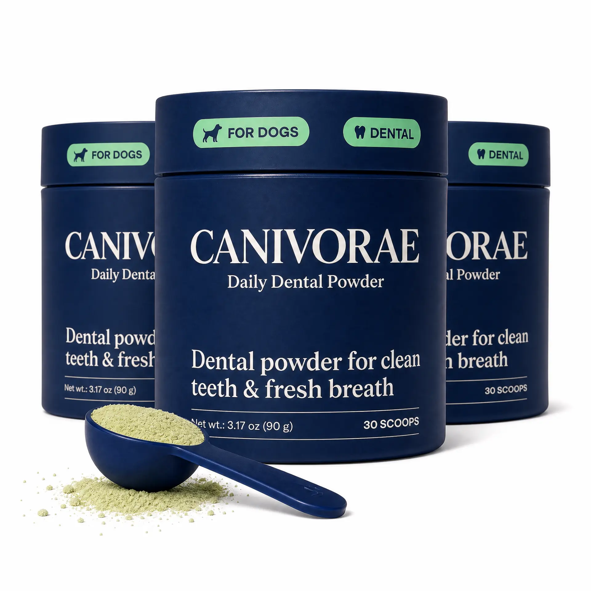 Hero bundle: three CANIVORAE Daily Dental Powder jars, a scoop, wipes, and powder