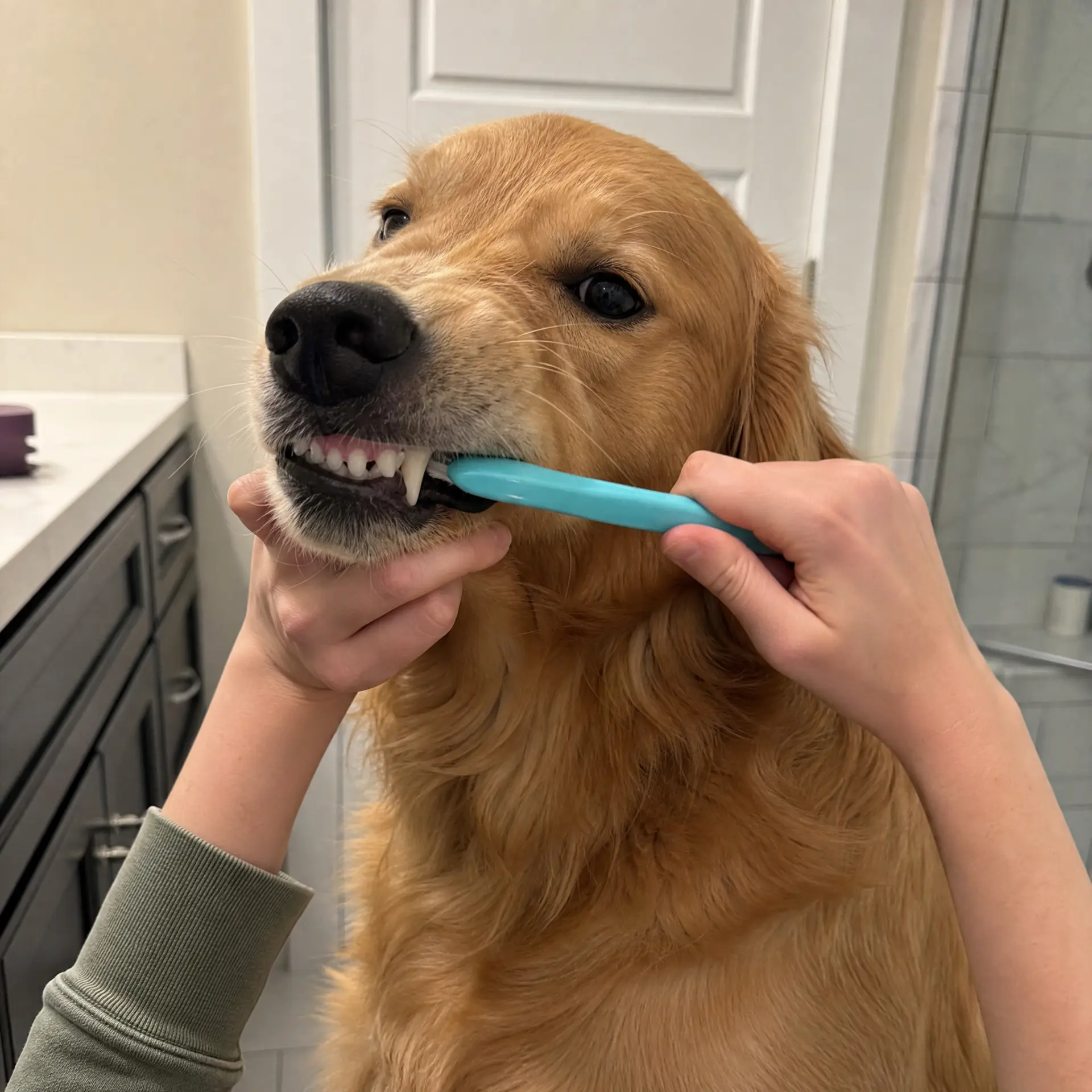 Golden retriever being brushed with a toothbrush and pulling away